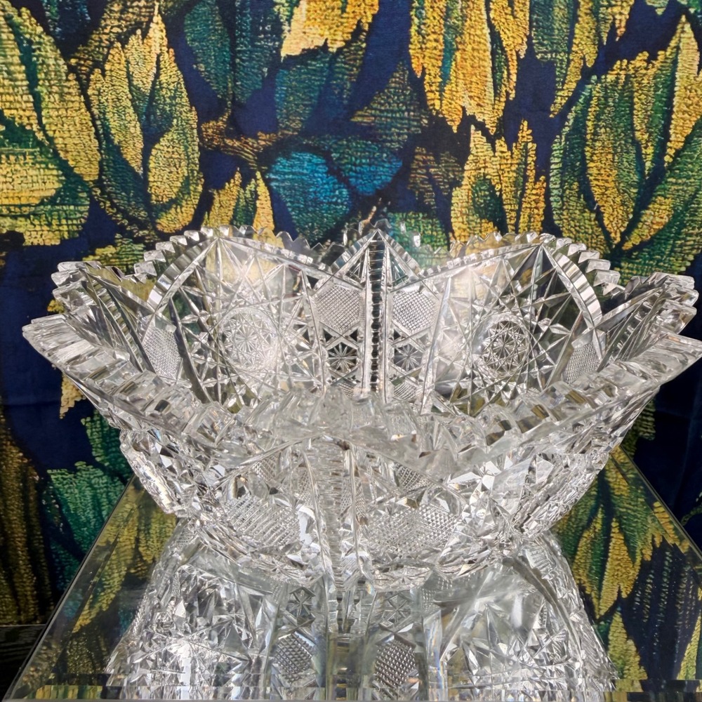 Antique American Brilliant‎ Period Cut Glass Bowl Hobstar Sawtooth Rim 8 Inch